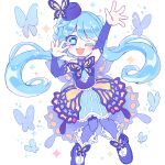  1girl :d ;d animal_print arm_up bangs blue_eyes blue_footwear blue_hair blush braid bridal_gauntlets bug butterfly butterfly_in_eye butterfly_print colored_eyelashes dress fickle_(otoca_d&#039;or) full_body grey_pantyhose hand_up light_blue_hair looking_at_viewer multicolored_clothes multicolored_dress nonokusu_(no2xnox) one_eye_closed otoca_d&#039;or pantyhose shoes side_braids simple_background sleeveless sleeveless_dress smile socks solo sparkle striped striped_dress swept_bangs twintails white_background white_socks 