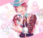  1boy buttons collared_shirt commentary cowboy_hat english_text ensemble_stars! fingernails green_eyes gun hat heart holding holding_gun holding_weapon isara_mao long_sleeves male_focus one_eye_closed open_mouth purple_hair seuga shirt short_hair solo star_(symbol) teeth upper_body upper_teeth_only weapon 