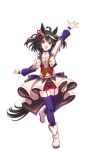  1girl ahoge alternate_costume animal_ears arm_up black_hair boots breasts collarbone full_body hair_between_eyes hair_ornament highres horse_ears kitasan_black_(umamusume) leg_up looking_at_viewer medium_breasts medium_hair official_art open_mouth red_eyes shorts standing standing_on_one_leg starting_future_(umamusume) thighhighs transparent_background umamusume 