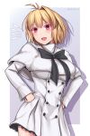  1girl antenna_hair arcueid_brunestud bangs black_bow blonde_hair blush bow bowtie breasts buttons capelet commentary_request dress hands_on_hips highres long_sleeves looking_at_viewer medium_breasts official_alternate_costume open_mouth red_eyes short_hair simple_background single_hair_intake smile solo soukitsu tsukihime tsukihime_(remake) twitter_username white_capelet white_dress 