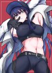  1girl arm_up armpits bare_shoulders baseball_cap belt black_belt black_gloves black_headwear black_pants black_shirt blue_archive blue_eyes blue_hair breasts coat commentary cowboy_shot crop_top gloves hat highres large_breasts leggings long_hair long_sleeves looking_at_viewer midriff navel open_clothes open_coat pants red_background saori_(blue_archive) shirt solo standing stomach tettsui_kusuru thighs v-shaped_eyebrows very_long_hair white_coat 