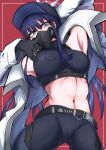  1girl arm_up armpits bare_shoulders baseball_cap belt black_belt black_gloves black_headwear black_pants black_shirt blue_archive blue_eyes blue_hair breasts coat commentary cowboy_shot crop_top gloves hat highres large_breasts leggings long_hair long_sleeves looking_at_viewer mask midriff mouth_mask navel open_clothes open_coat pants red_background saori_(blue_archive) shirt solo standing stomach tettsui_kusuru thighs v-shaped_eyebrows very_long_hair white_coat 