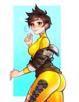  1girl ass bangs blushyspicy breasts brown_eyes brown_hair commentary cowboy_shot from_side goggles harness highres jacket looking_at_viewer orange_goggles overwatch short_hair smile solo spiked_hair tongue tongue_out tracer_(overwatch) 