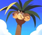  :d ? alolan_exeggutor black_eyes closed_mouth cloud commentary day fangs fangs_out looking_up mouth_hold open_mouth outdoors palm_tree pokemon sky smile ssalbulre sunglasses tree 