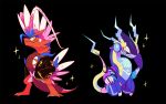  black_background chibi closed_mouth commentary holding koraidon legs_apart looking_down miraidon no_humans pokemon pokemon_(creature) simple_background smile sparkle ssalbulre standing yellow_eyes 