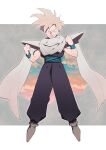  1boy blonde_hair cape clenched_hands cloud dragon_ball dragon_ball_z frown full_body furrowed_brow green_eyes male_focus s_3u serious shoulder_pads solo son_gohan super_saiyan super_saiyan_1 white_cape 