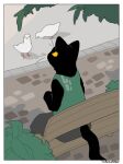  ambiguous_gender anthro avian bench bird black_body clothed clothing domestic_cat felid feline felis feral group hi_res mammal plant tail trio whiskers yellow_eyes yorozumaru 