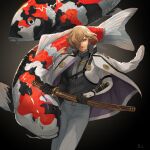  1boy animal bangs belt black_gloves black_shirt blonde_hair chinese_commentary closed_mouth commentary_request dated_commentary expressionless feet_out_of_frame fish gloves grey_background hair_between_eyes hair_over_one_eye higekiri_(touken_ranbu) holding holding_sword holding_weapon jacket jacket_on_shoulders katana koi looking_at_viewer male_focus military military_uniform oversized_animal pants sheath sheathed shirt short_hair signature solo sword touken_ranbu uniform weapon white_belt white_jacket white_pants yellow_eyes zi_tsas 