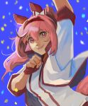  1girl animal_ears bangs blue_background chinese_commentary clenched_hands closed_mouth commentary_request confetti ear_covers fingerless_gloves fist_pump gloves hairband haru_urara_(umamusume) headband horse_ears horse_girl long_hair looking_at_viewer pink_eyes pink_hair red_gloves red_hairband shirt smile solo umamusume upper_body white_shirt zi_tsas 