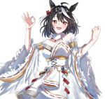  1girl ahoge animal_ears bangs bare_shoulders black_hair blush breasts cleavage corset detached_sleeves dress ha_(hura76752775) hair_ornament hands_up highres horse_ears kitasan_black_(jubilant_star_auspicious_crane)_(umamusume) kitasan_black_(umamusume) looking_at_viewer multicolored_hair ok_sign open_mouth orange_eyes origami paper_crane ribbon-trimmed_sleeves ribbon_trim short_hair small_breasts solo strapless strapless_dress streaked_hair umamusume upper_body white_background wide_sleeves 