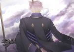  1boy cloud from_behind highres long_sleeves male_focus outdoors pixiv_fantasia pixiv_fantasia_scepter_of_zeraldia prosthesis prosthetic_arm sio_racco solo standing white_hair yazi_(pfsoz) 