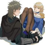  1boy 1girl black_cloak black_footwear black_pants blonde_hair blue_dress breasts brown_pantyhose cardinal_(ragnarok_online) cloak closed_mouth collarbone commentary cross dated_commentary dress full_body green_eyes grey_hair grey_shirt high_heels hood hood_down hooded_cloak looking_at_another medium_hair on_person open_mouth pants pantyhose ragnarok_online shadow_cross_(ragnarok_online) shirt short_hair small_breasts zi_tsas 