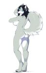  2023 absurd_res anthro black_hair black_nose blue_eyes breasts canid canine canis digital_media_(artwork) digitigrade domestic_dog eyebrows eyelashes female fur grey_body grey_fur hair hi_res mammal nude simple_background smile smilke taurusart white_background white_body white_fur 