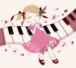  1girl ana_(mother) blonde_hair blush child closed_eyes dots dress eighth_note female_child highres instrument keyboard_(instrument) mary_janes milkpeachi mother_(game) mother_1 music musical_note own_hands_together pink_dress quarter_note shoes smile socks solo treble_clef white_socks 
