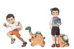  2boys aged_down book brothers brown_footwear brown_hair clenched_hands closed_eyes commentary cufant green_eyes green_footwear grey_vest grin holding holding_book knees male_focus multiple_boys orange_shorts peony_(pokemon) pokemon pokemon_(creature) pokemon_(game) pokemon_swsh reading rose_(pokemon) running shirt shoes short_hair short_sleeves shorts siblings smile socks ssalbulre standing t-shirt teeth vest white_shirt white_socks 