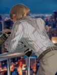  1boy alternate_costume belt blonde_hair blurry blurry_background brown_belt brown_pants can canned_coffee cityscape commentary_request cowboy_shot dated_commentary higekiri_(touken_ranbu) holding holding_can looking_at_viewer looking_back male_focus necktie pants railing shirt short_hair solo striped striped_necktie striped_shirt touken_ranbu white_shirt yellow_eyes zi_tsas 