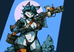  amber-calliope anthro big_breasts bikini blue_body blue_fur breasts canid canine clothing ear_piercing female fox fur fur_markings green_eyes hi_res krystal legwear mammal markings nintendo piercing smile smirk solo star_fox swimwear thigh_highs weapon 