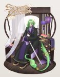  1boy copyright_name green_eyes green_hair hair_over_one_eye hand_mirror highres indoors lamp lizard_tail mirror ohirune_banzai pixiv_fantasia pixiv_fantasia_scepter_of_zeraldia sitting sleeves_past_fingers sleeves_past_wrists tail toutetsu_(pfsoz) uniform wide_sleeves yellow_horns 