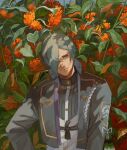  1boy bangs buttons chinese_commentary closed_mouth commentary_request dated_commentary flower green_hair grey_jacket hair_between_eyes hair_over_one_eye head_tilt hizamaru_(touken_ranbu) hydrangea jacket male_focus military military_uniform orange_flower plant shirt short_hair signature smile solo tassel touken_ranbu uniform upper_body white_shirt yellow_eyes zi_tsas 