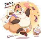  2022 3_tails 4_fingers 4_toes anthro belly blush blush_stickers brown_body brown_fur canid canine cute_fangs dated eyelashes feet female female_anthro fingers fox fur gomuhimo green_eyes happy hi_res kemono mammal multi_tail nawa nude open_mouth overweight overweight_anthro overweight_female pawpads paws solo tail tan_body tan_fur text toes tongue white_body white_fur 