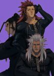  3boys 3dayama3 aqua_eyes axel_(kingdom_hearts) bangs black_gloves black_hair black_robe dreadlocks gloves grey_hair hair_slicked_back hand_in_own_hair highres hood hood_down hooded_robe kingdom_hearts kingdom_hearts_ii long_hair male_focus multiple_boys orange_eyes organization_xiii parted_bangs ponytail purple_background red_hair robe sideburns sidelocks upper_body xaldin xemnas 