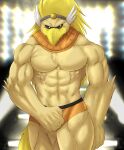  2022 abs absurd_res accipitrid accipitriform anthro avian beak biceps biped bird blonde_hair bottomwear chest_tuft chibikoma clothed clothing digital_drawing_(artwork) digital_media_(artwork) hair hi_res male mario_bros muscular muscular_anthro muscular_male nintendo paper_mario pecs portrait rawk_hawk solo three-quarter_portrait topless topless_anthro topless_male tuft wrestler yellow_body 