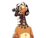  black_eyes bright_pupils closed_mouth clothed_pokemon commentary farigiraf frown hood hood_up no_humans pokemon pokemon_(creature) simple_background solo ssalbulre white_background white_pupils zipper zipper_pull_tab 