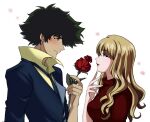  1boy 1girl black_hair blonde_hair blue_eyes breasts couple cowboy_bebop flower green_hair hetero highres julia_(cowboy_bebop) lipstick makeup monkittea necktie rose simple_background spike_spiegel spiked_hair white_background 