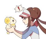  ! 1girl :o aqua_eyes brown_hair commentary double_bun eye_contact fidough hair_bun holding holding_pokemon looking_at_another open_mouth pokemon pokemon_(creature) pokemon_(game) pokemon_bw2 rosa_(pokemon) shirt simple_background ssalbulre upper_body visor_cap white_background 