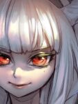  1girl bangs closed_mouth commentary grey_hair helltaker horns long_hair looking_at_viewer lucifer_(helltaker) mole mole_under_eye phantom_ix_row portrait red_eyes solo symbol-only_commentary 