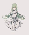  1girl 946083d1 bangs breasts c.c. cleavage closed_mouth code_geass commentary expressionless full_body green_hair highres kneeling long_hair looking_at_viewer medium_breasts sitting solo very_long_hair wariza white_background yellow_eyes 