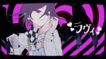  1boy 1other bangs black_background checkered_clothes checkered_scarf commentary_request danganronpa_(series) danganronpa_v3:_killing_harmony demon_boy grey_jacket hand_on_another&#039;s_face heart heart_in_eye holding_hands jacket long_sleeves male_focus medium_hair ouma_kokichi pink_background purple_eyes scarf solo_focus symbol_in_eye translation_request wa_noko wings 
