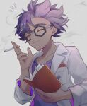  1boy bangs book breast_pocket cigarette closed_eyes closed_mouth coat commentary_request fingernails frown glasses highres holding holding_book holding_cigarette jacq_(pokemon) male_focus notice_lines open_clothes open_coat pocket pokemon pokemon_(game) pokemon_sv purple_hair purple_shirt shirt short_hair sioinari_03 smile smoke smoking solo striped striped_shirt upper_body 