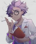  ! 1boy bangs book breast_pocket cigarette closed_mouth coat commentary_request fingernails frown glasses highres holding holding_book holding_cigarette jacq_(pokemon) looking_at_viewer male_focus open_clothes open_coat pocket pokemon pokemon_(game) pokemon_sv purple_hair purple_shirt shirt short_hair sioinari_03 smoke smoking solo striped striped_shirt upper_body 