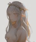  1girl breasts closed_mouth collarbone echosdoodle elf expressionless hair_censor head_wreath highres leaf long_hair looking_away nude pointy_ears sidelocks simple_background solo upper_body 