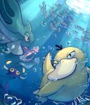  +_+ :o air_bubble bird black_eyes bubble chinchou closed_mouth commentary duck duckhina fish frillish frillish_(female) frillish_(male) from_below jellyfish light_rays open_mouth pokemon psyduck remoraid signature underwater wishiwashi 