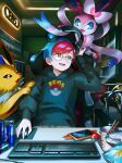  1girl :d bangs bed black_hoodie blue_hair brown_eyes ceiling chopsticks commentary_request desk energy_drink glasses hand_up headphones highres holding hood hoodie indoors jolteon keyboard_(computer) mouse_(computer) open_mouth orange_mikan penny_(pokemon) poke_ball poke_ball_(basic) poke_ball_print pokemon pokemon_(creature) pokemon_(game) pokemon_sv red_hair rotom rotom_phone round_eyewear short_hair smile sylveon teeth tongue umbreon upper_teeth_only 