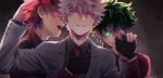  3boys alternate_costume bakugou_katsuki bangs behind_another black_shirt black_vest blonde_hair blurry boku_no_hero_academia buttons chromatic_aberration collared_shirt commentary covered_face creepy_eyes dark_persona depth_of_field eyes_visible_through_hair fog formal freckles gloves glowing glowing_eyes green_eyes green_hair green_pupils grey_jacket hand_in_another&#039;s_hair hand_on_another&#039;s_chest hand_under_clothes hand_up hands_up head_tilt highres holding_hands jacket kirishima_eijirou light_particles long_sleeves looking_at_viewer looking_to_the_side lowah male_focus midoriya_izuku multiple_boys narrowed_eyes necktie open_mouth parted_lips profile red_eyes red_hair red_necktie red_shirt scanlines scar scar_across_eye scar_on_face shaded_face shadow sharp_teeth shirt short_hair sideways_glance signature simple_background slit_pupils spiked_hair straight-on suit teeth upper_body vest wing_collar 