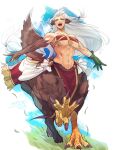  1girl animal_ears artist_name bandaged_arm bandages bandeau bangs bare_shoulders bird_ears bird_legs braid breasts brown_feathers claws cleavage collarbone commentary_request feathers floating_hair gloves grass green_eyes green_gloves griffin groin hanabusahuji2 highres horse_tail large_breasts long_hair monster_girl navel original outstretched_arms pelvic_curtain polearm red_bandeau second-party_source shadow side_braid single_glove single_wing standing_on_three_legs stomach tail toned twin_braids underboob weapon white_hair wings 