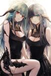  2girls au_ra avatar_(ff14) bangs black_dress blue_eyes breasts cleavage commentary_request dragon_girl dragon_horns dress expressionless final_fantasy final_fantasy_xiv grey_hair heterochromia highres horn_ornament horns light_blush long_hair looking_at_viewer maho_moco medium_breasts multicolored_eyes multiple_girls parted_lips red_eyes scales simple_background white_background yellow_eyes 