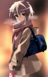  1girl artist_name bag bangs blurry blurry_background bow brown_coat brown_eyes coat commentary_request cowboy_shot from_side glasses highres holding holding_bag kuuma25_kuma long_sleeves looking_at_viewer nagato_yuki parted_lips pink_scarf purple_hair red_bow scarf school_bag short_hair solo standing strap suzumiya_haruhi_no_shoushitsu suzumiya_haruhi_no_yuuutsu twitter_username watermark 