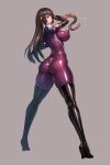  ass black_hair bodysuit boots covered_nipples elbow_gloves full_body gloves impossible_bodysuit impossible_clothes kamori_sayaka latex long_hair looking_at_viewer looking_to_the_side monster original purple_bodysuit purple_eyes rindou_(radical_dream) shiny_clothes skin_tight tentacles thigh_boots 