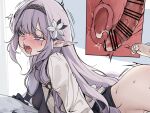  1girl ahegao ass bangs bar_censor barefoot black_gloves blue_archive blush breasts censored cross-section cum cum_in_pussy drooling flower gloves hair_flower hair_ornament hairband heart heart-shaped_pupils himari_(blue_archive) long_hair lying mole mole_under_eye nakamura_rohane on_stomach open_mouth penis pointy_ears purple_eyes purple_hair sex sweat symbol-shaped_pupils tears teeth uterus 