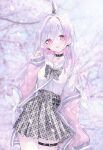  1girl absurdres bangs black_bow black_choker blurry blurry_background bow bow_earrings breasts cherry_blossoms choker commentary_request earrings falling_petals flower grey_skirt hair_intakes hair_ribbon heart heart_choker highres hoju_rura holding holding_flower indie_virtual_youtuber jacket jewelry long_hair long_sleeves looking_at_viewer multicolored_hair open_mouth outdoors petals pink_eyes pink_hair pink_jacket plaid plaid_bow plaid_skirt ribbon sailor_collar school_uniform serafuku shirt si10ra skirt sleeves_past_wrists small_breasts solo standing streaked_hair thigh_strap twitter_username virtual_youtuber white_bag white_flower white_hair white_shirt 