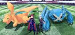  2boys black_footwear blue_jacket blue_pants blurry blurry_background boots cape collared_shirt commentary_request dragonite grass hand_in_pocket helmett1997 highres holding holding_poke_ball jacket lance_(pokemon) long_sleeves male_focus metagross multiple_boys necktie own_hands_together pants poke_ball poke_ball_(basic) pokemon pokemon_(creature) pokemon_(game) pokemon_hgss pokemon_oras red_necktie shirt shoes short_hair spiked_hair stadium standing steven_stone stretching 