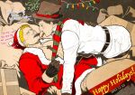  2boys bara bare_pectorals bertolt_hoover black_gloves black_hair blonde_hair butanezumi-chan candy candy_cane chocolate christmas couple dated english_text food food_in_mouth gloves happy_holidays hat jacket large_pectorals lying male_focus multiple_boys muscular muscular_male nipples on_back pectorals reiner_braun santa_costume santa_hat scarf scarf_grab shingeki_no_kyojin short_hair white_jacket yaoi 