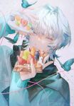  1boy blue_eyes blue_hair bug butterfly cake cake_slice candy close-up closed_mouth food fruit hair_between_eyes hato_(dovecot) highres holding holding_cake holding_food light_blue_hair looking_at_viewer original scarf signature strawberry sweets 