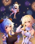  3girls absurdres aerial_fireworks ahoge bangs bare_shoulders black_gloves blonde_hair blue_hair bodystocking boots breasts cleavage commentary_request detached_sleeves dress fingerless_gloves fireworks flower ganyu_(genshin_impact) genshin_impact gloves grey_hair hair_between_eyes hair_flower hair_ornament halo hand_up highres horns index_finger_raised long_hair long_sleeves lumine_(genshin_impact) medium_breasts multiple_girls night night_sky outdoors paimon_(genshin_impact) red_eyes single_thighhigh sky thighhighs thighhighs_under_boots very_long_hair white_dress white_flower white_footwear white_sleeves white_thighhighs wide_sleeves yellow_eyes zhai_mu_q 
