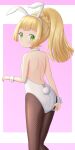  1girl absurdres alternate_costume animal_ears back bangs blonde_hair blush braid brown_pantyhose closed_mouth commentary_request fishnet_pantyhose fishnets green_eyes hairband highres leotard lillie_(pokemon) long_hair looking_back offencearmor-0131 pantyhose playboy_bunny pokemon pokemon_(game) pokemon_sm ponytail rabbit_ears rabbit_tail raised_eyebrows shoulder_blades solo tail white_hairband white_leotard wrist_cuffs 