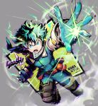  1boy absurdres artist_name bangs belt belt_buckle belt_pouch bodysuit boku_no_hero_academia buckle chromatic_aberration dated diffraction_spikes drop_shadow dust_cloud dutch_angle electricity energy foreshortening freckles full_body gloves green_bodysuit green_eyes green_gloves green_hair grey_background halftone halftone_background hands_up highres looking_at_viewer lower_teeth_only male_focus mecyo_(mamezurushiki) midair midoriya_izuku motion_blur open_mouth outside_border outstretched_arm outstretched_hand paneled_background pouch reaching reaching_towards_viewer red_belt shockwave short_hair snap-fit_buckle solo teeth text_focus two-tone_gloves utility_belt v-shaped_eyebrows western_comics_(style) white_gloves 